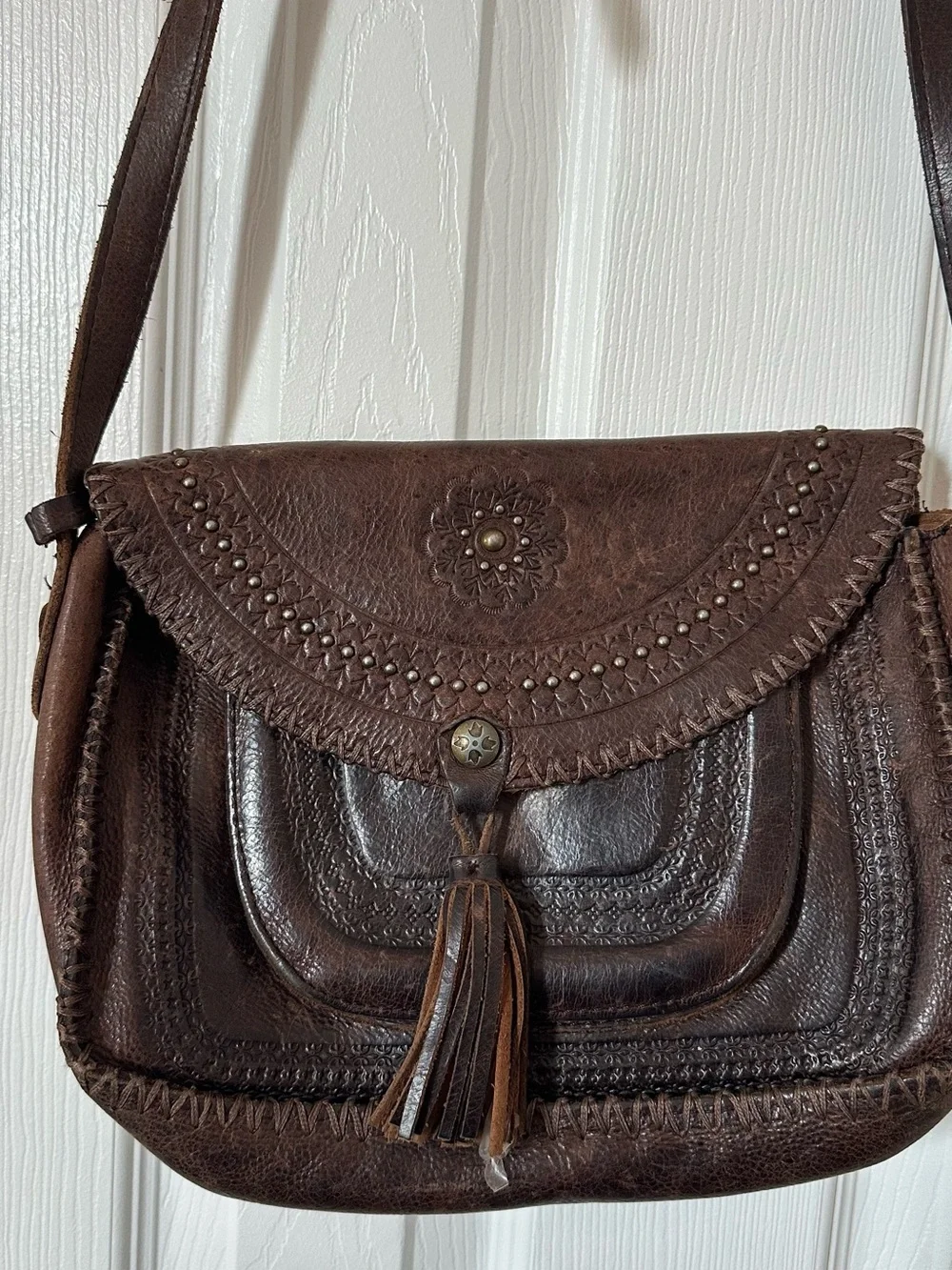 Patricia Nash Dark Brown Studded Leather Crossbody with Tassel
